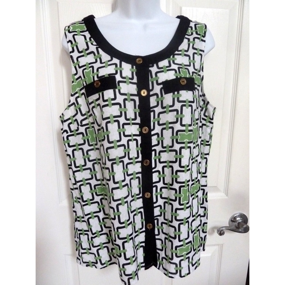 Carole Little XL Linen Blend Blouse Geometric Y2K Business Sleeveless Top